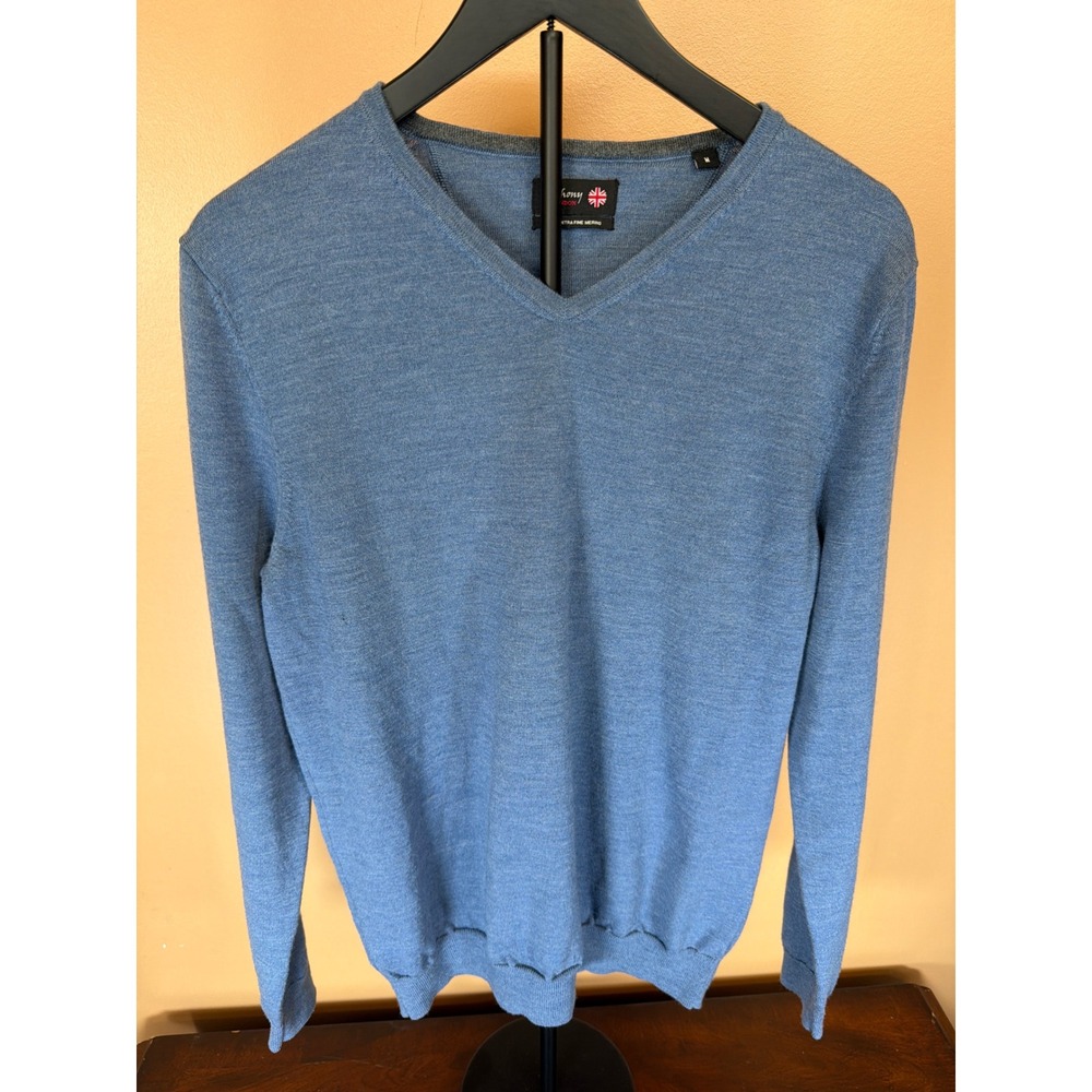 Anthony of London Mens Blue Extra Fine Merino Wool V-Neck Sweater Size M